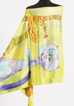 Esarfa cu doua fete, din matase, cu imprimeu pisici cu gatul lung si flori imagine