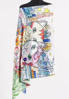 Esarfa cu doua fete, din matase, cu imprimeu pisici impodobite in oras imagine