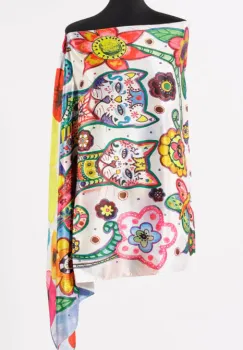 Esarfa cu doua fete, din matase, cu imprimeu pisici impodobite si flori imagine