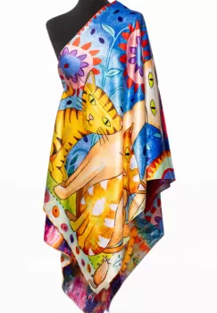 Esarfa cu doua fete, din matase, cu imprimeu pisici tigrate pe fond albastru imagine