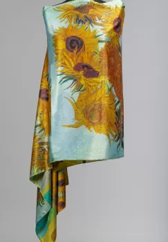 Esarfa cu doua fete, din matase, imprimata cu reproducere dupa Floarea Soarelui a lui Van Gogh imagine