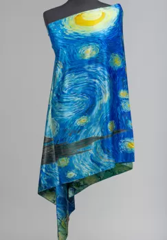 Esarfa cu doua fete, din matase, imprimata cu reproducere dupa Noaptea Instelata a lui Van Gogh imagine