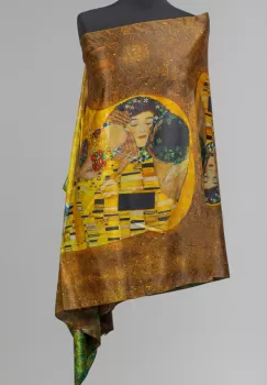 Esarfa cu doua fete, din matase, imprimata cu reproducere dupa Sarutul de Gustav Klimt imagine