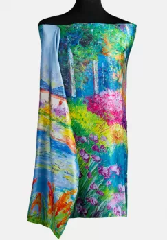 Esarfa cu doua fete, din matase, imprimata cu un peisaj campenesc cu gradini inflorite imagine