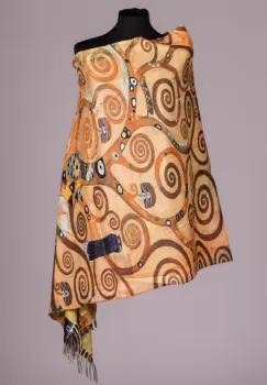 Esarfa cu doua fete imprimata cu reproducere dupa Pomul Vietii - Gustav Klimt, material tip cashmere imagine