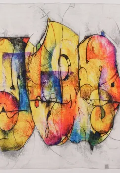 Esarfa cu doua fete tip batic din matase cu imprimeu grafic abstract pe fond alb imagine