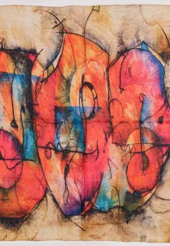 Esarfa cu doua fete tip batic din matase cu imprimeu grafic abstract pe fond bej imagine