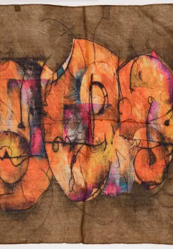 Esarfa cu doua fete tip batic din matase cu imprimeu grafic abstract pe fond maro imagine