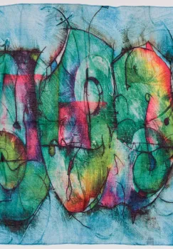 Esarfa cu doua fete tip batic din matase cu imprimeu grafic abstract pe fond turcoaz imagine