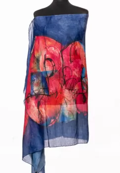 Esarfa din bumbac cu pictura abstracta in culori intense pe fond in nuante de albastru inchis imagine