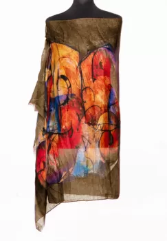 Esarfa din bumbac cu pictura abstracta in culori intense pe fond in nuante de maroniu imagine