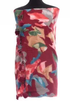 Esarfa din casmir cu ciucuri din blanita naturala, multicolor pe fond bordo imagine