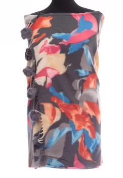 Esarfa din casmir cu ciucuri din blanita naturala, multicolor pe fond gri imagine