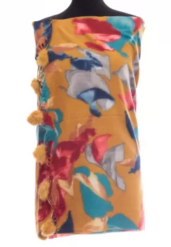 Esarfa din casmir cu ciucuri din blanita naturala, multicolor pe fond mustar imagine