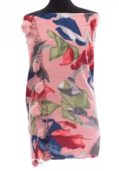 Esarfa din casmir cu ciucuri din blanita naturala, multicolor pe fond roz imagine