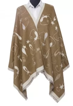 Esarfa din casmir cu dubla fata cu pisici stilizate cu bej si alb imagine