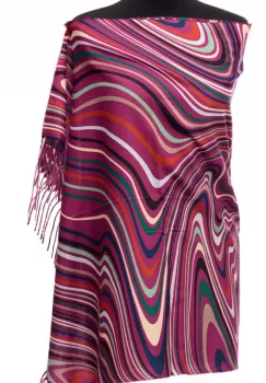 Esarfa din casmir cu linii curbe multicolore pe fond mov zmeura imagine