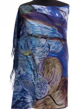 Esarfa din casmir cu pictura stilizata vegetala in culori intense de albastru imagine