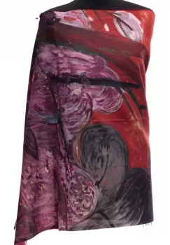 Esarfa din casmir cu pictura stilizata vegetala in culori intense de bordo si rosu inchis imagine