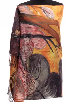 Esarfa din casmir cu pictura stilizata vegetala in culori intense de caramiziu si galben imagine