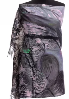 Esarfa din casmir cu pictura stilizata vegetala in culori intense de gri si lila imagine