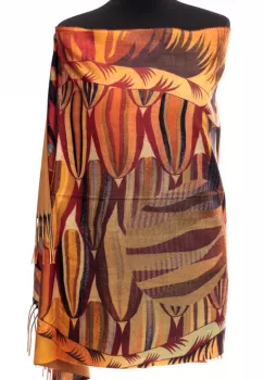 Esarfa din casmir joc alegoric in culori intense de bordo si galben imagine