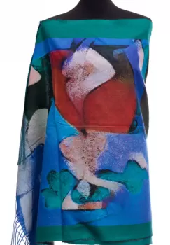 Esarfa din casmir pictura abstracta in culori intense de albastru si verde imagine