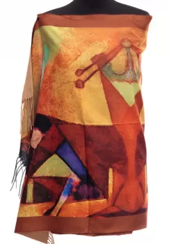 Esarfa din casmir pictura abstracta in culori intense de caramiziu si camel imagine