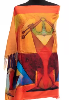 Esarfa din casmir pictura abstracta in culori intense de portocaliu imagine