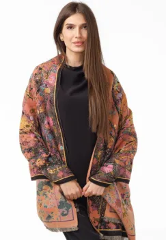 Esarfa din lana si bumbac cu imprimeu floral cu mov, galben si negru imagine