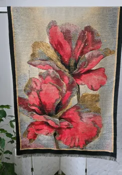 Esarfa din lana si bumbac cu imprimeu floral rosu, gama de lux imagine