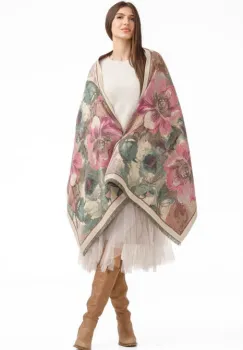 Esarfa din lana si bumbac cu imprimeu floral roz inchis si bej imagine