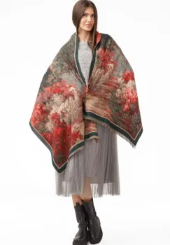 Esarfa din lana si bumbac cu imprimeu pictural cu corai, rosu si verde imagine