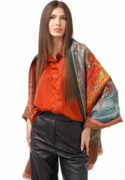 Esarfa din lana si bumbac cu imprimeu spectaculos portocaliu si galben imagine