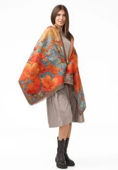 Esarfa din lana si bumbac cu imprimeu vibrant cu portocaliu si bejuri imagine