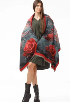 Esarfa din lana si bumbac cu imprimeu vibrant cu rosu si verde imagine