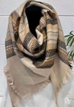 Esarfa din lana si vascoza cu imprimeu ecosez pe fond bej, forma triunghiulara imagine
