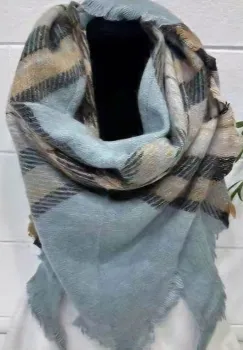 Esarfa din lana si vascoza cu imprimeu ecosez pe fond bleu, forma triunghiulara imagine