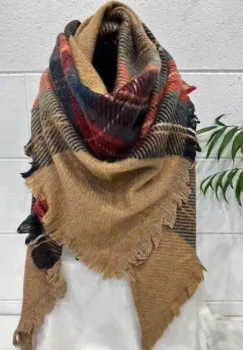 Esarfa din lana si vascoza cu imprimeu ecosez pe fond camel, forma triunghiulara imagine