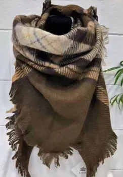 Esarfa din lana si vascoza cu imprimeu ecosez pe fond maro, forma triunghiulara imagine