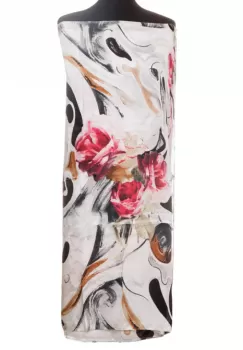 Esarfa din matase, cu imprimeu flori fucsia pe fond alb-argintiu imagine