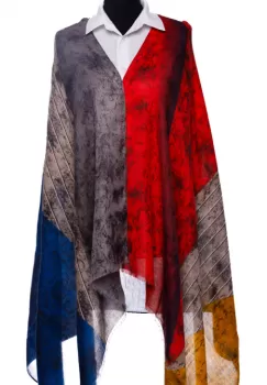 Esarfa din vascoza cu joc de linii si forme geometrice in nuante de corai, galben si gri imagine