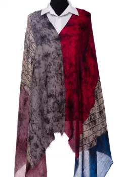 Esarfa din vascoza cu joc de linii si forme geometrice in nuante de fucsia si gri imagine