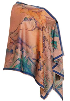 Esarfa dreptunghiulara cu doua fete, din matase, cu imprimeu floral pastelat in nuante de mov si portocaliu imagine