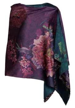 Esarfa dreptunghiulara cu doua fete, din matase, cu imprimeu floral pe fond mov si verde imagine