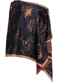 Esarfa dreptunghiulara cu doua fete, din matase, cu imprimeu oriental cu lotusi in nuante galben auriu imagine