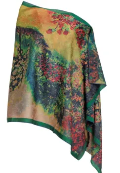 Esarfa dreptunghiulara cu doua fete, din matase, cu imprimeu vegetal in nuante de verde, rosu si galben auriu imagine