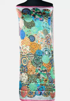 Esarfa dreptunghiulara, cu imprimeu mandale multicolore margine roz si alb, din matase si vascoza imagine