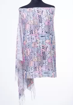 Esarfa dreptunghiulara cu imprimeu pisici pe nuante de roz, din vascoza imagine