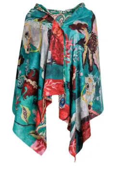 Esarfa dreptunghiulara premium cu doua fete, din matase, cu imprimeu cal alb pe fond turcoaz imagine